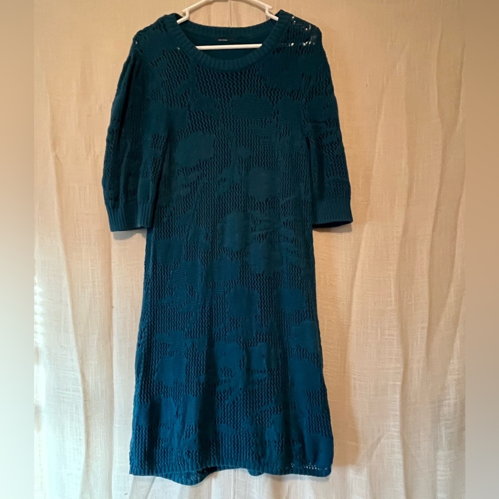 Maeve Anthropologie Teal Knit Sweater Dress Floral Lace Cottagecore Large